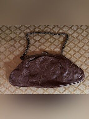 inge Patchwork Brown Leather Metal Frame Clutch/Shoulder Bag Dome Shape 7” x 13”